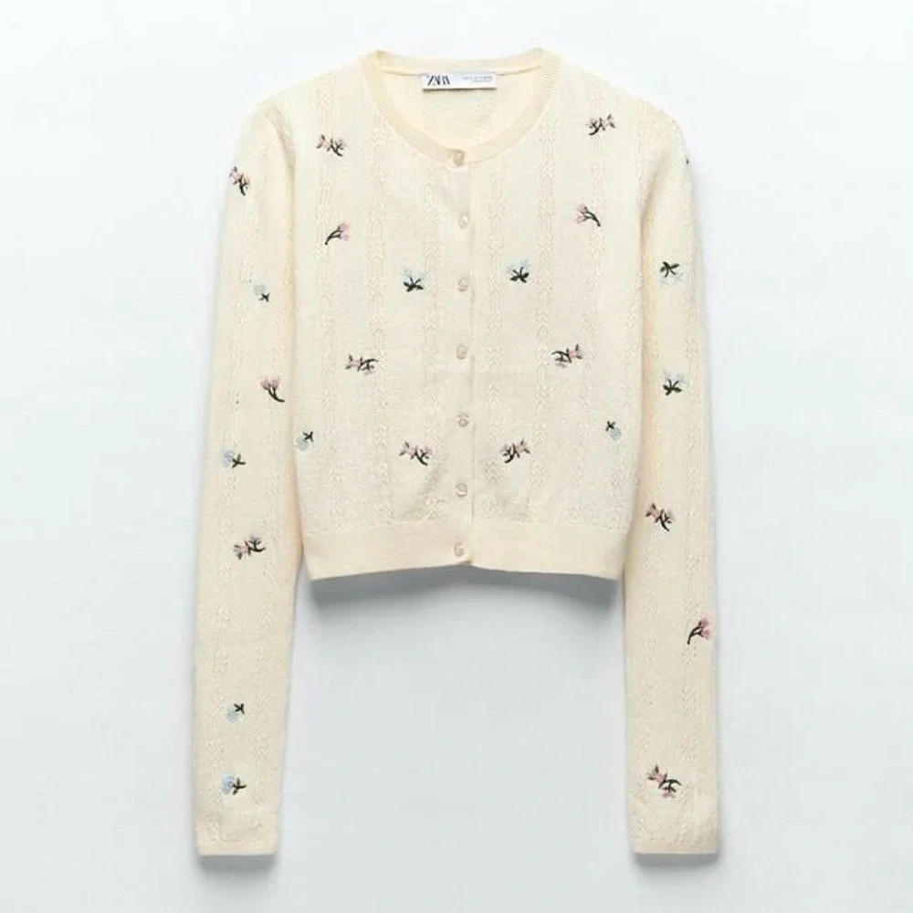 Zara Floral Embroidered Pointelle Knit Cardigan in Butter Yellow - Picture 2 of 10